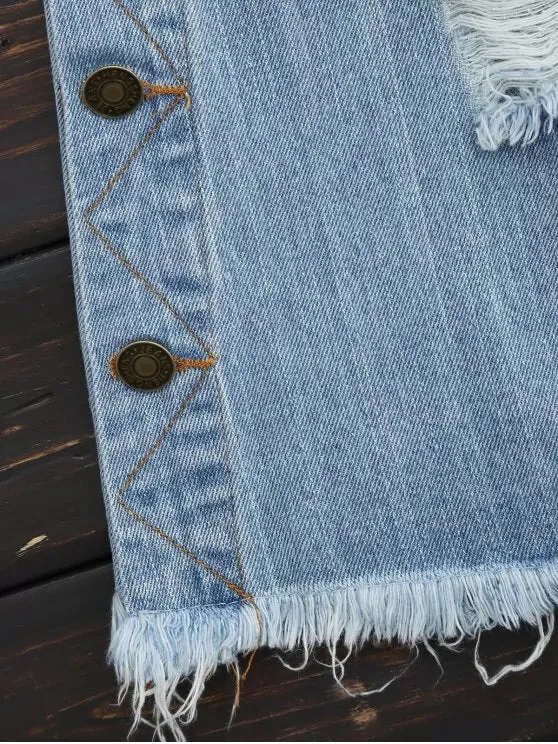 Trendy Ripped Button Up Wide Leg Capri Jeans