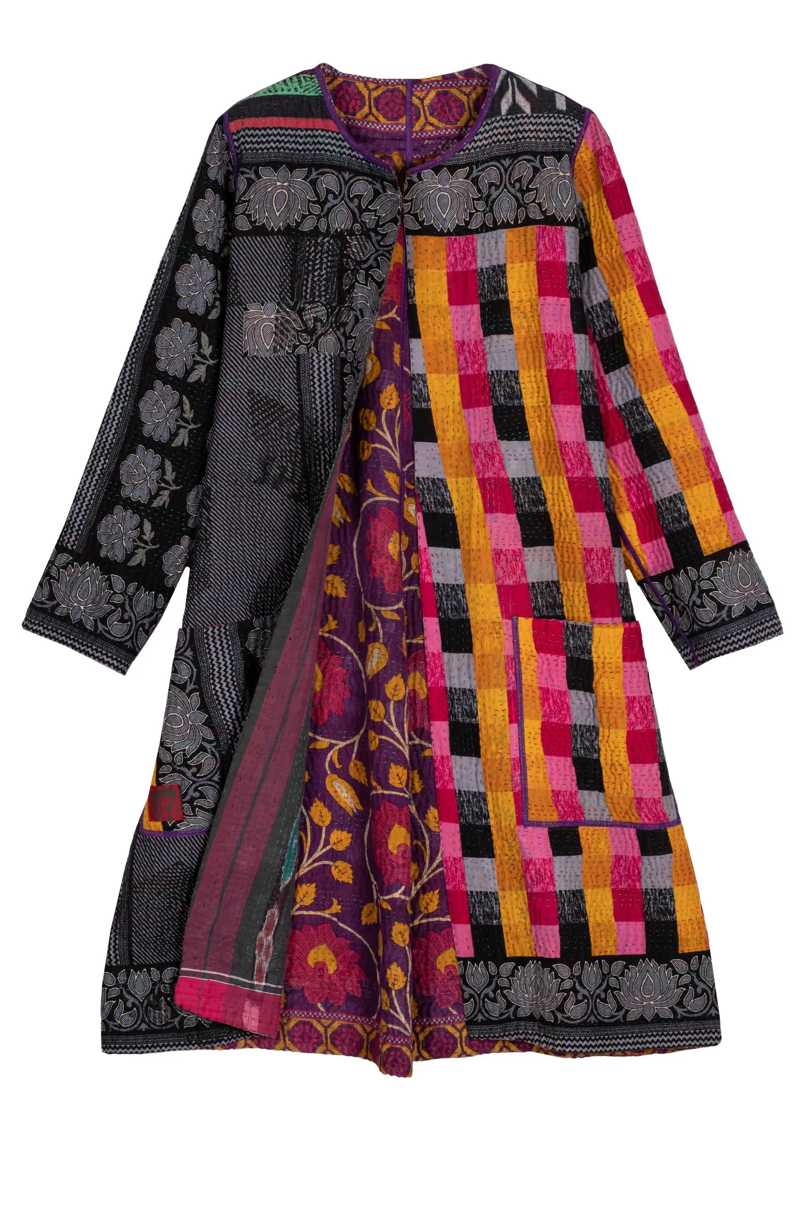 VINTAGE COTTON KANTHA CREW NECK COAT - cv4313-0014a -