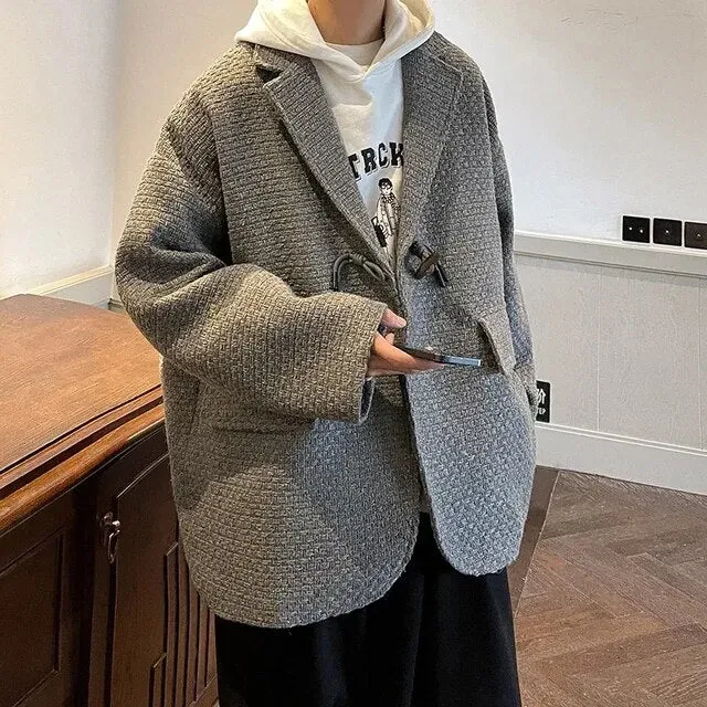 Wiaofellas Design With Three-dimensional Loose Fitting Woolen Suit Jacket For Woolen Coat Unisex Chic Overcoat Men's Clothing