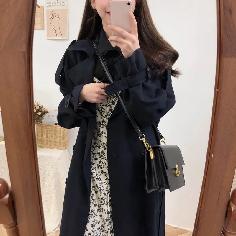 Wjczt Korean Graceful 2022 Autumn New Long Coats for Women Casual Joker Classic Solid Black Oversize Coat Lady Fashion Windbreaker
