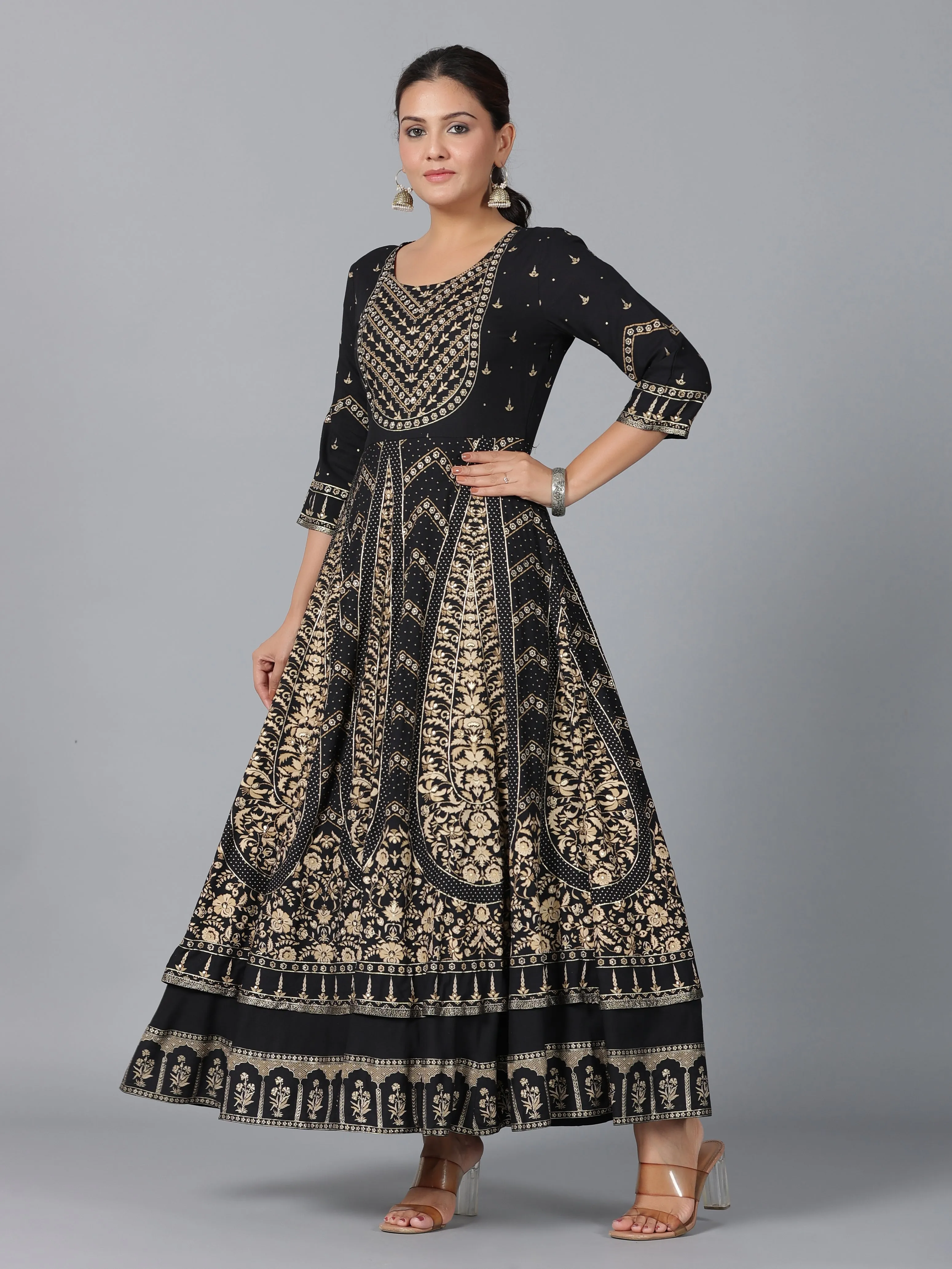 Women Black Rayon Printed Anarkali Dress