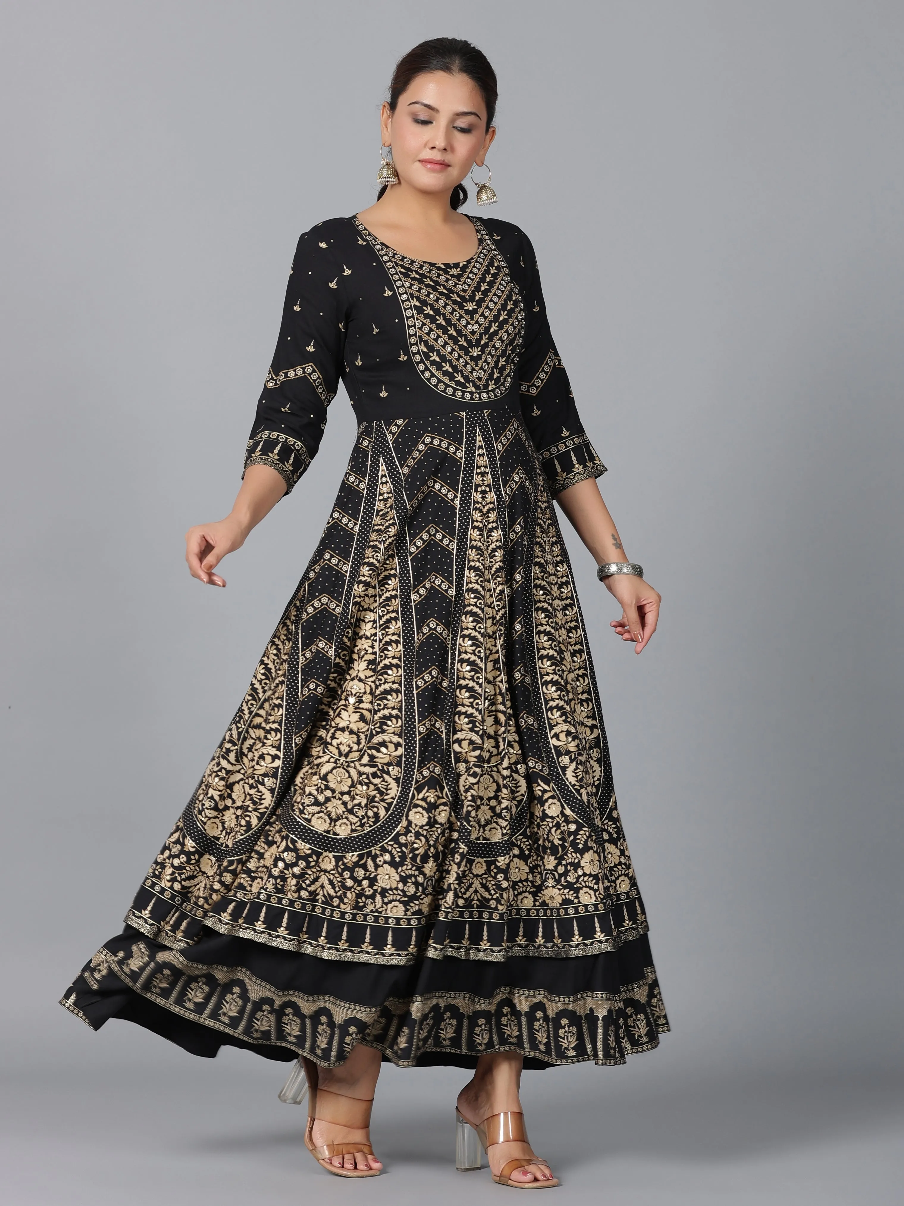 Women Black Rayon Printed Anarkali Dress