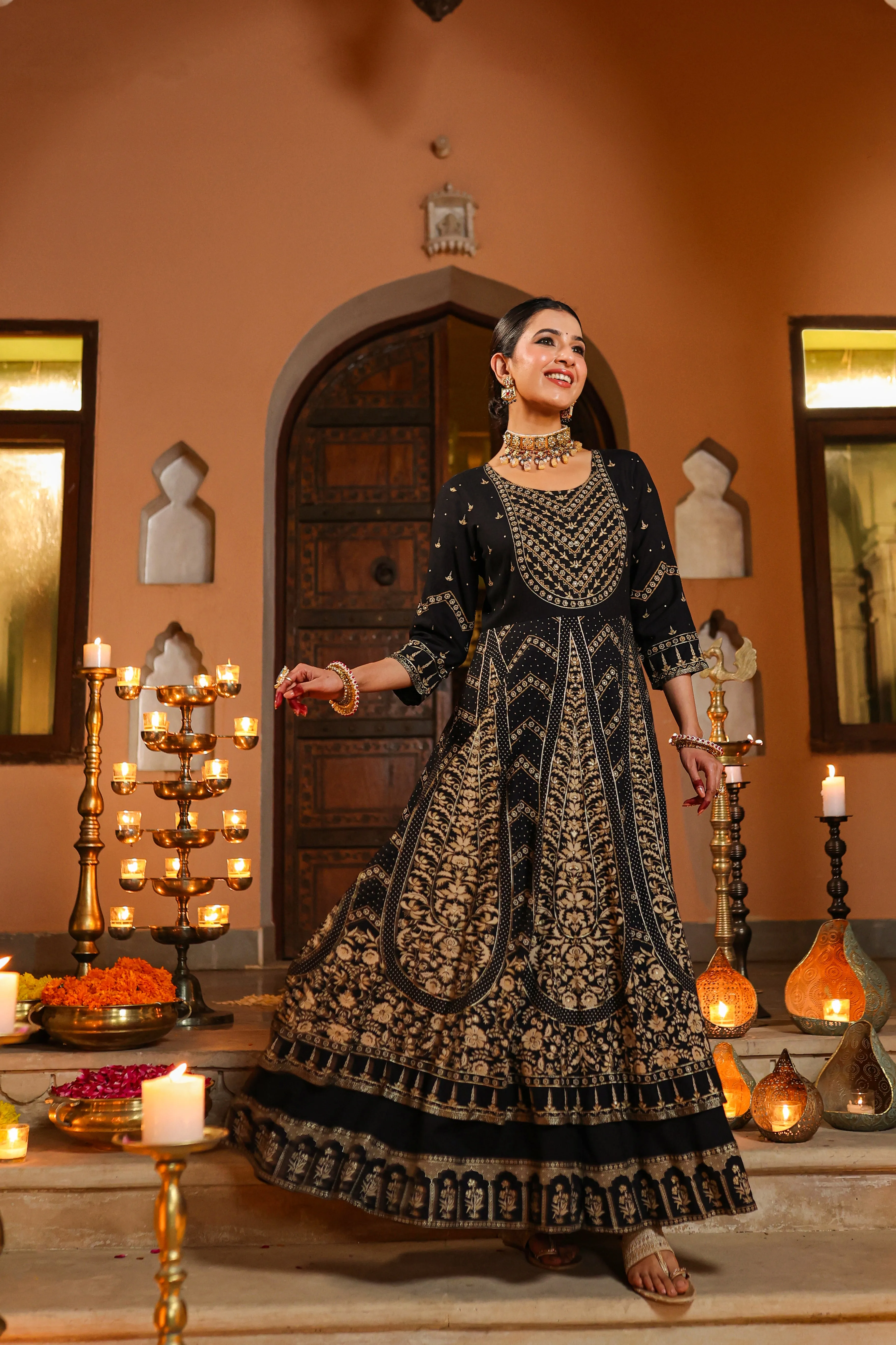 Women Black Rayon Printed Anarkali Dress