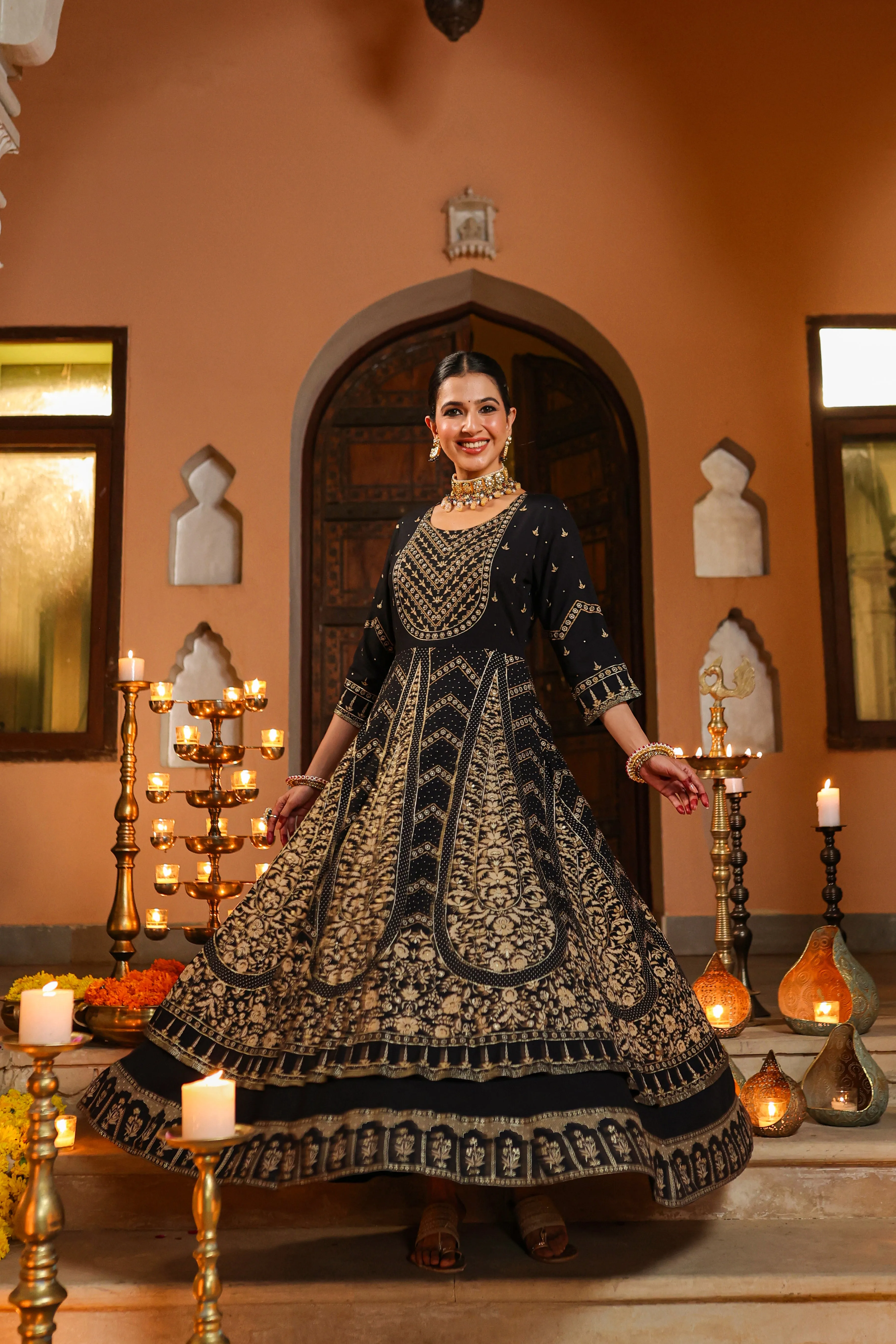 Women Black Rayon Printed Anarkali Dress