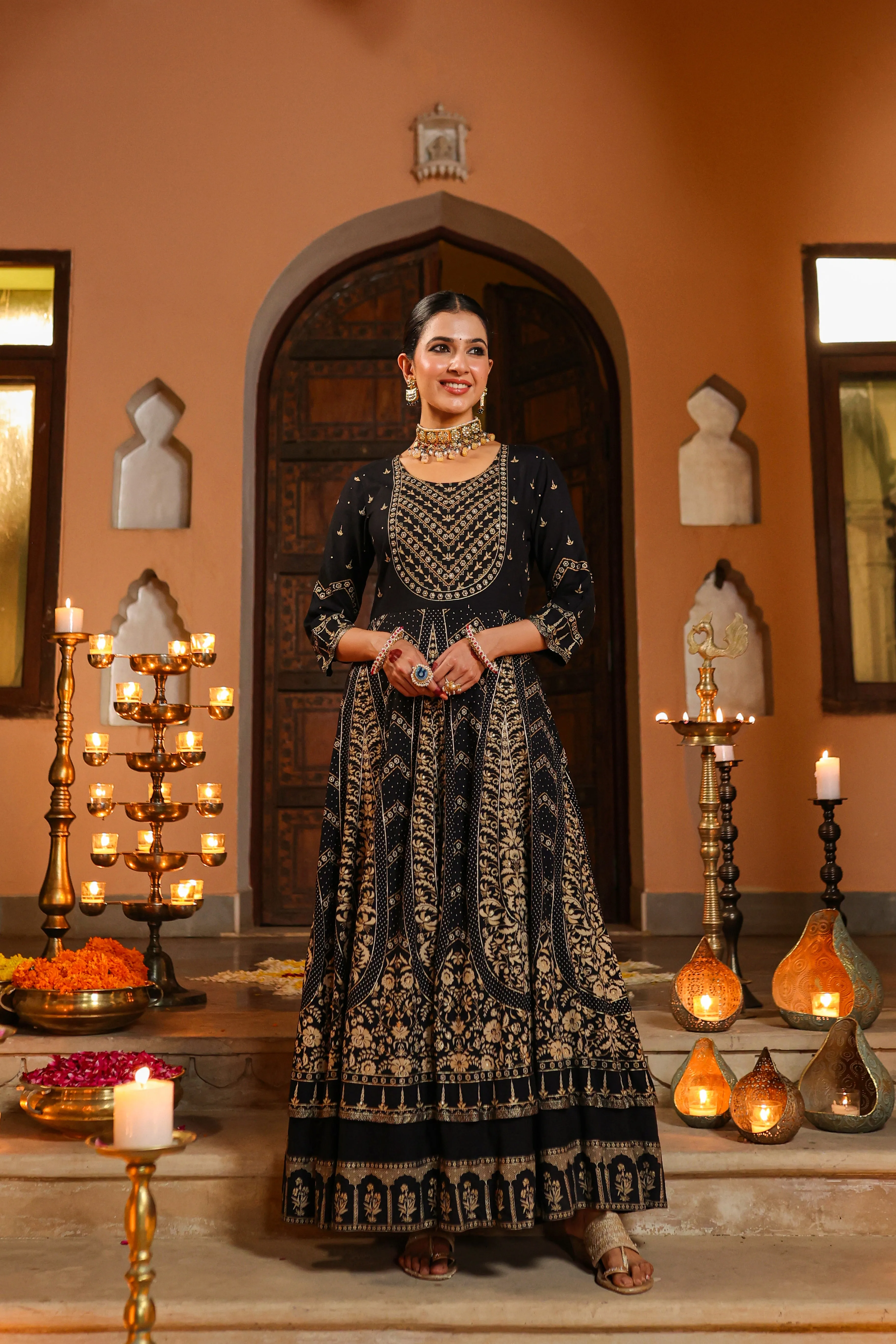 Women Black Rayon Printed Anarkali Dress