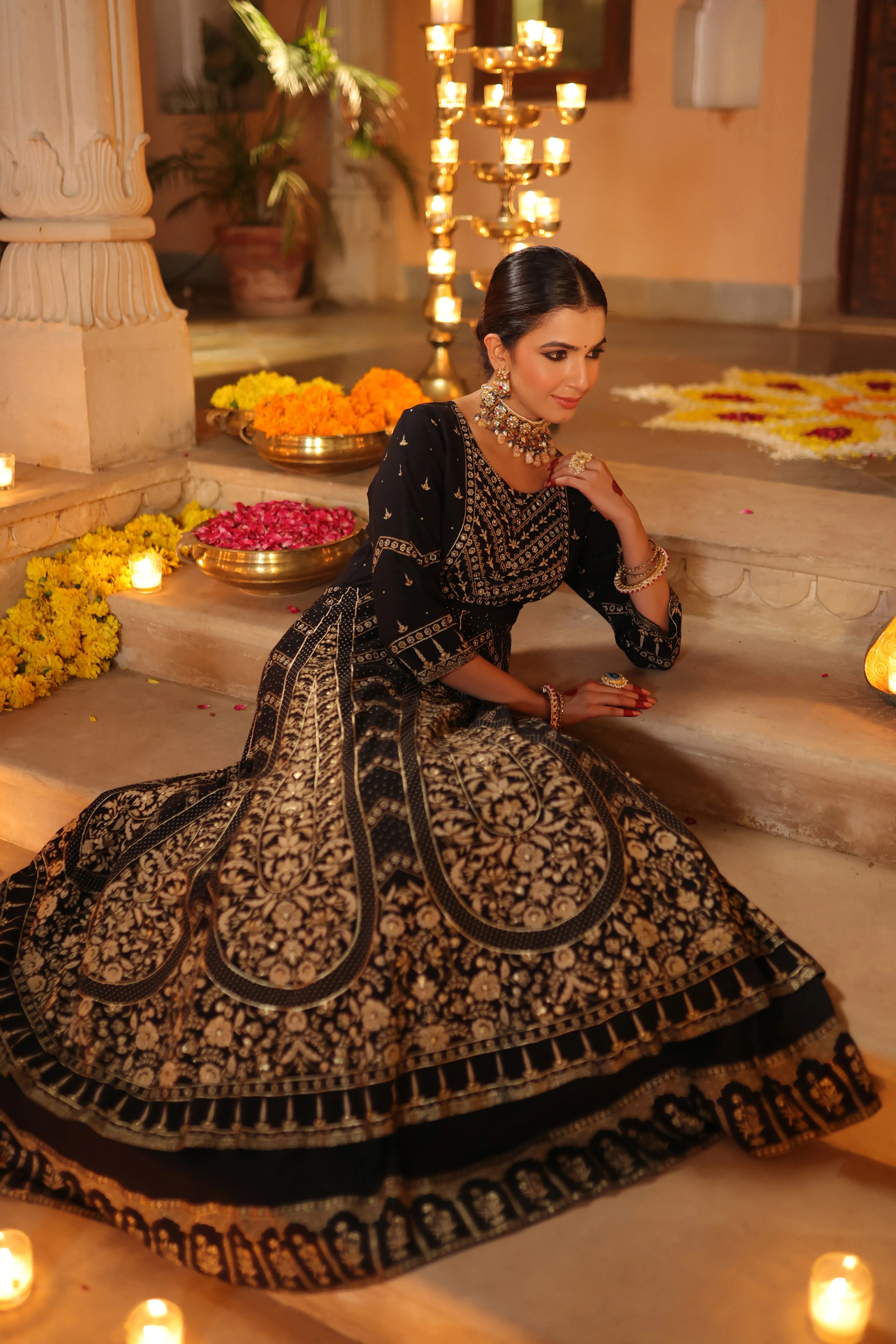 Women Black Rayon Printed Anarkali Dress