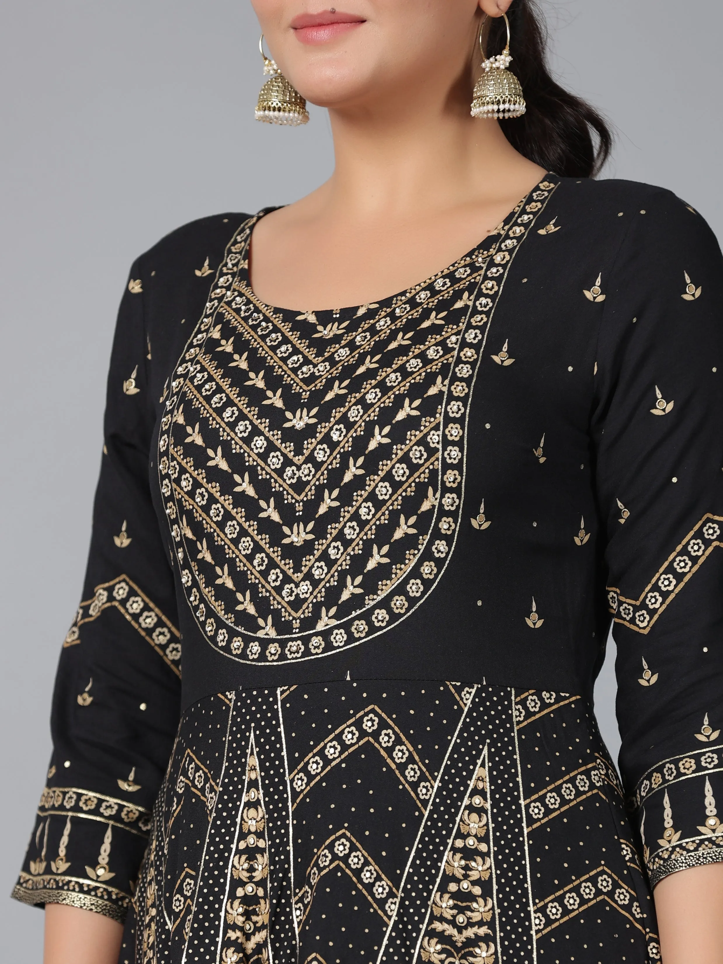 Women Black Rayon Printed Anarkali Dress