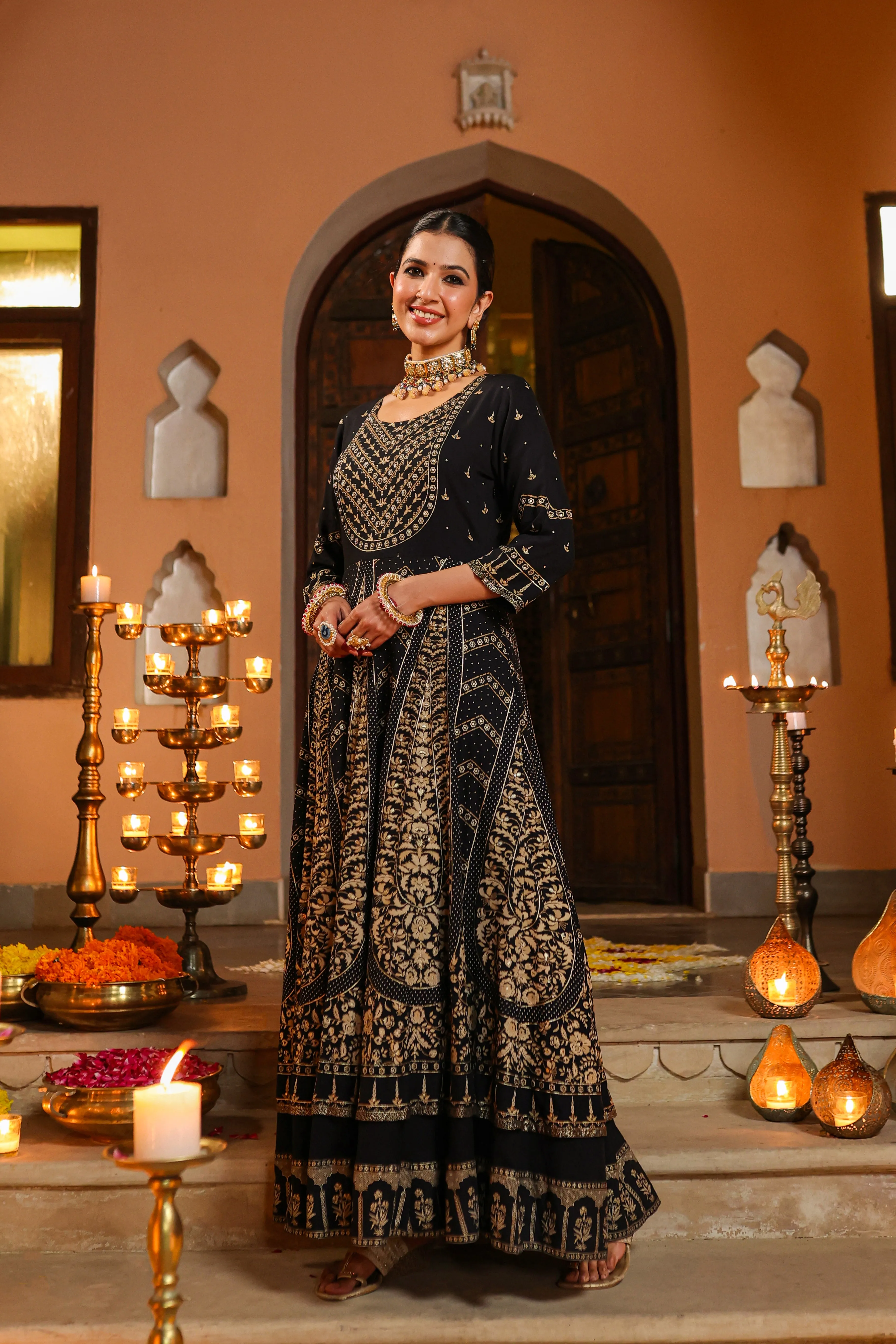 Women Black Rayon Printed Anarkali Dress