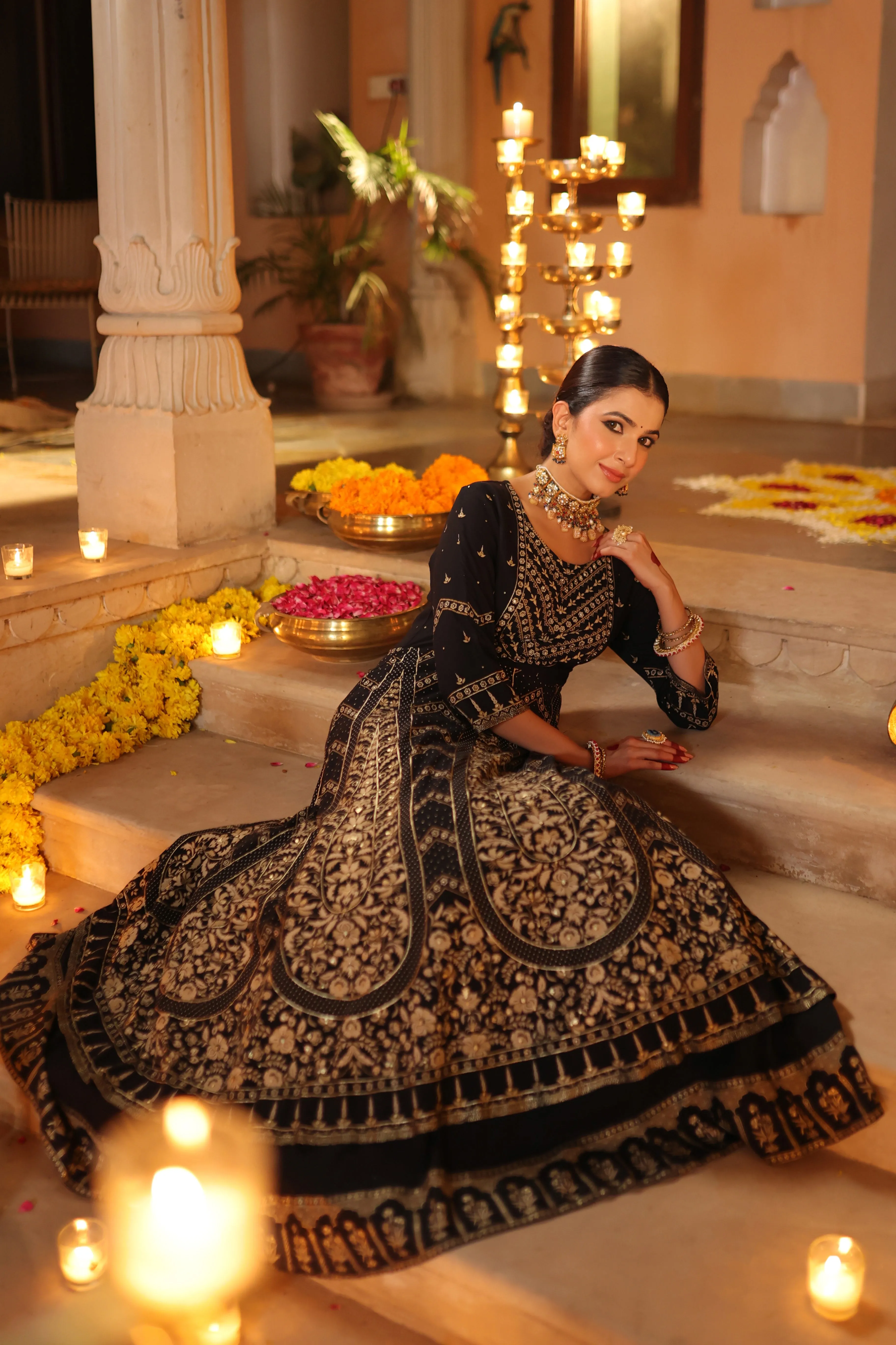Women Black Rayon Printed Anarkali Dress