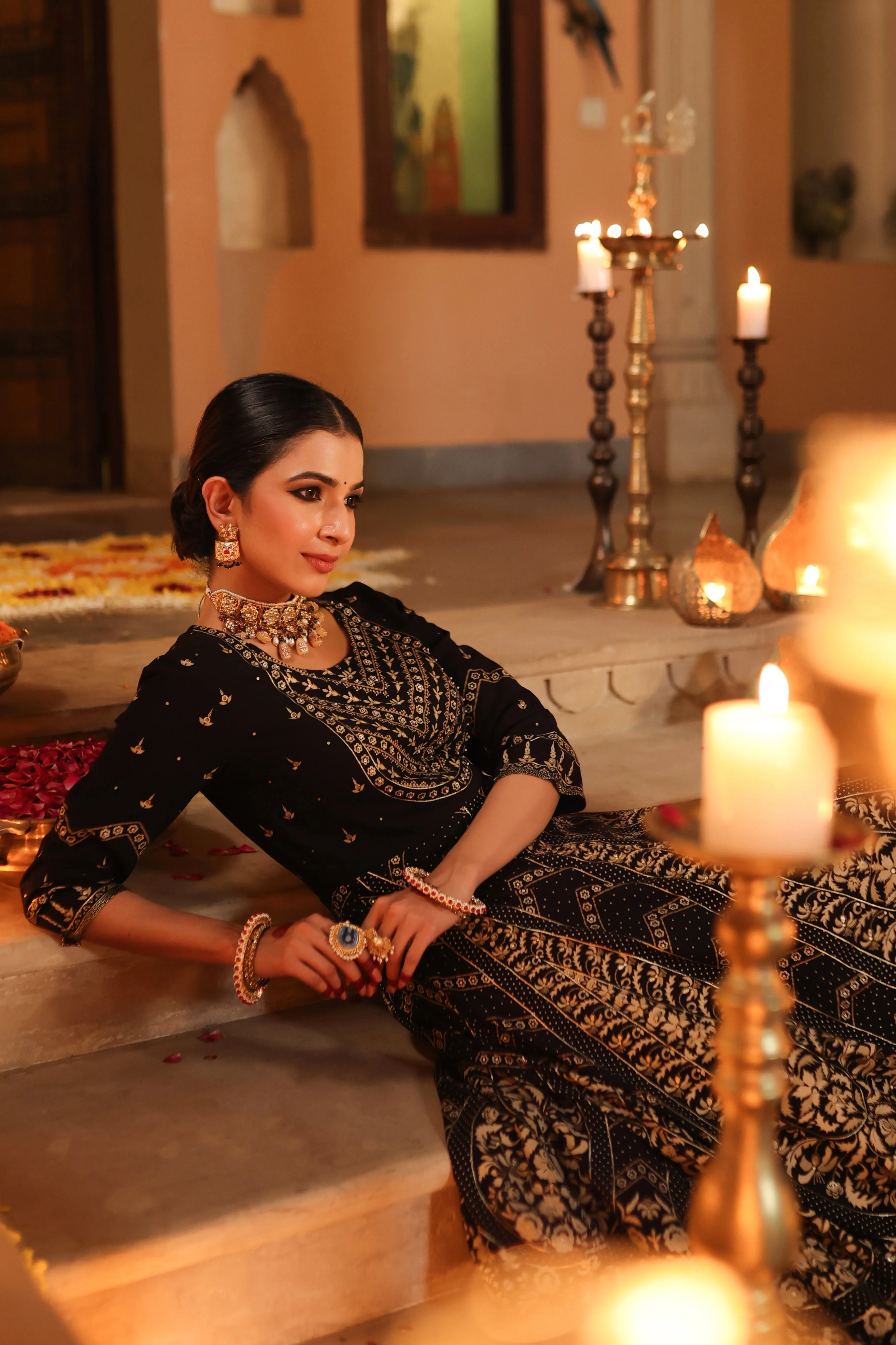 Women Black Rayon Printed Anarkali Dress