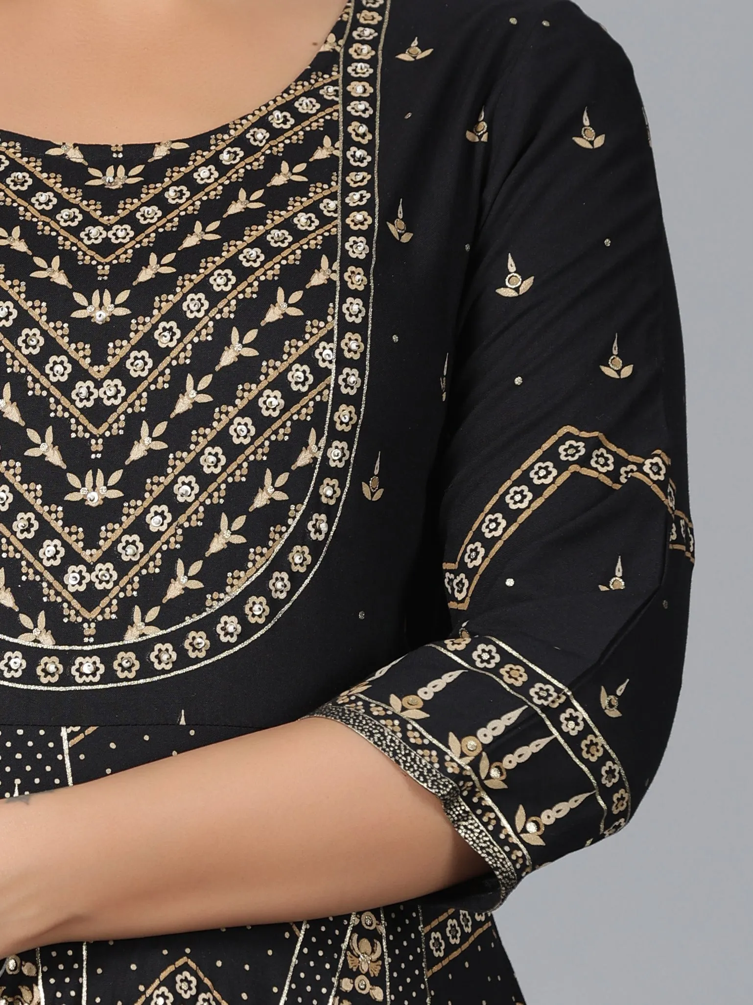 Women Black Rayon Printed Anarkali Dress