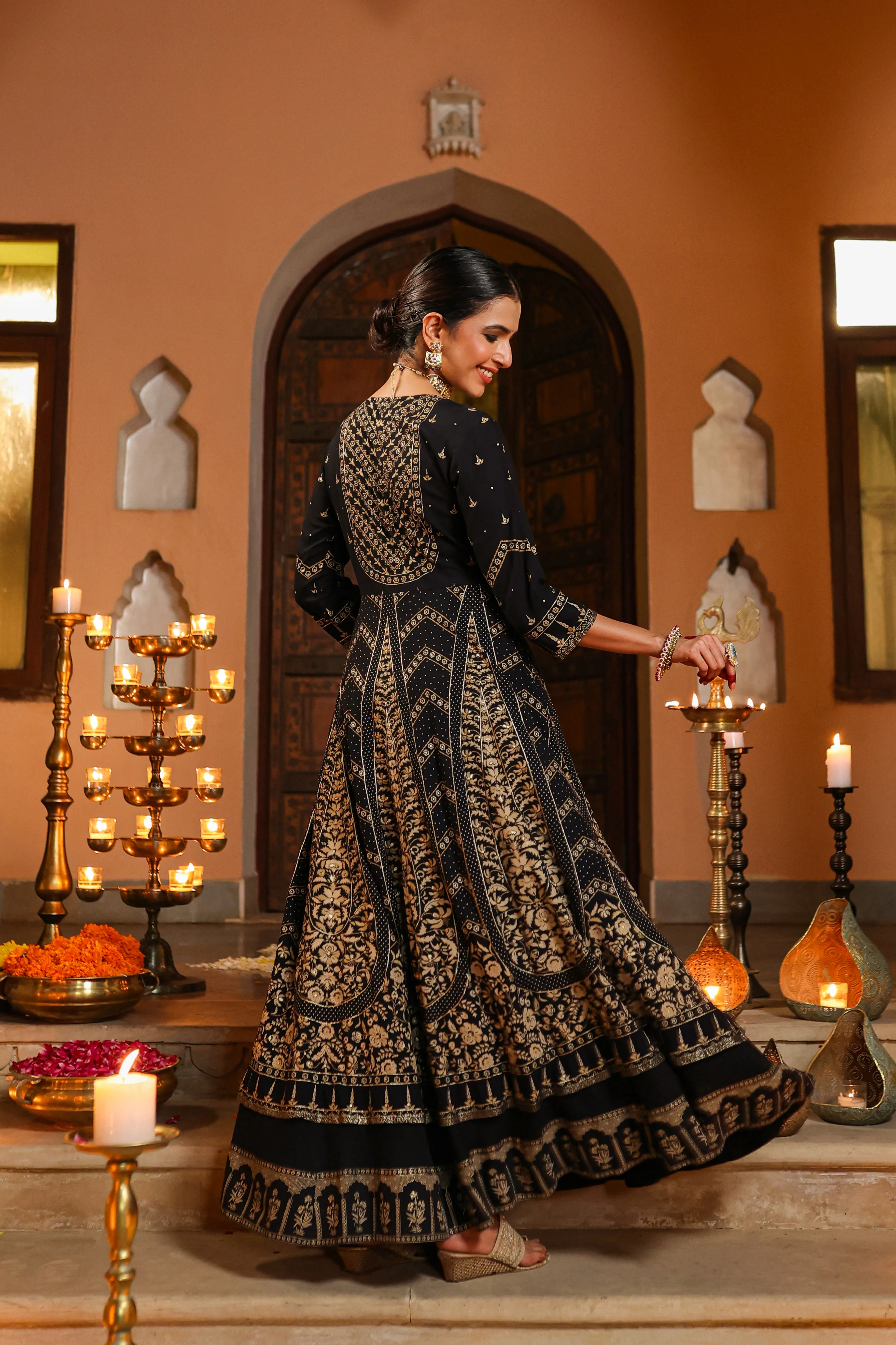 Women Black Rayon Printed Anarkali Dress