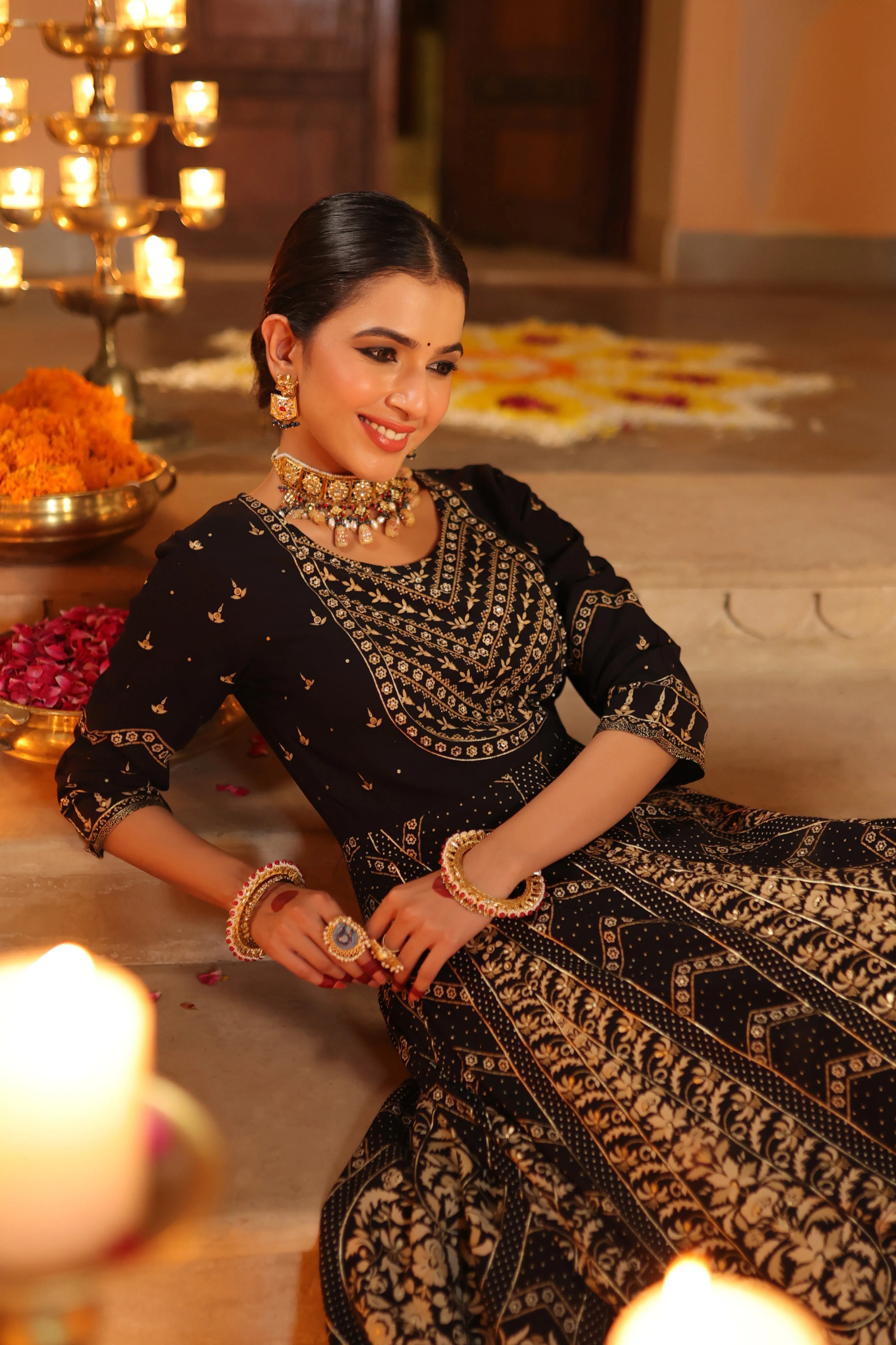 Women Black Rayon Printed Anarkali Dress
