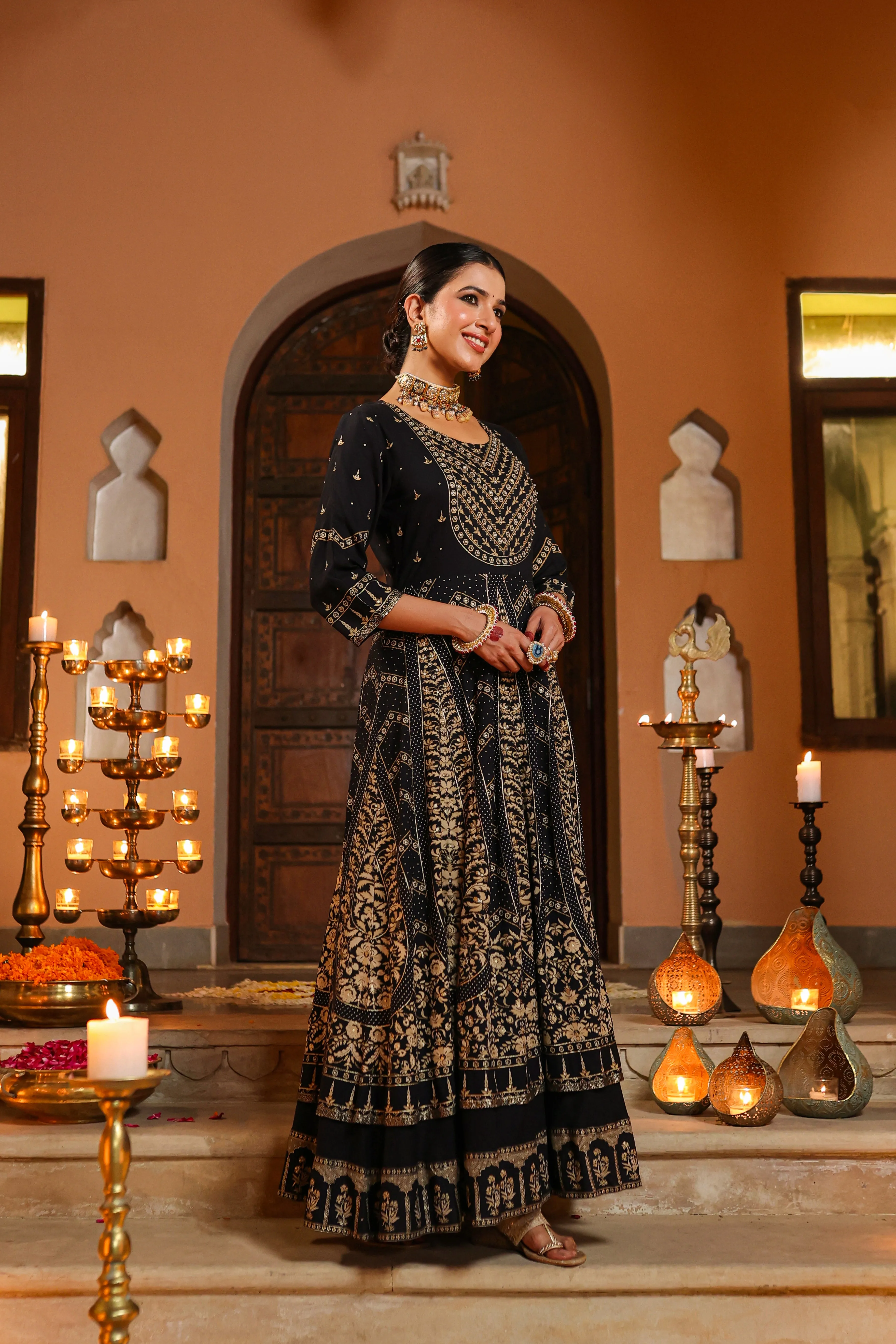 Women Black Rayon Printed Anarkali Dress
