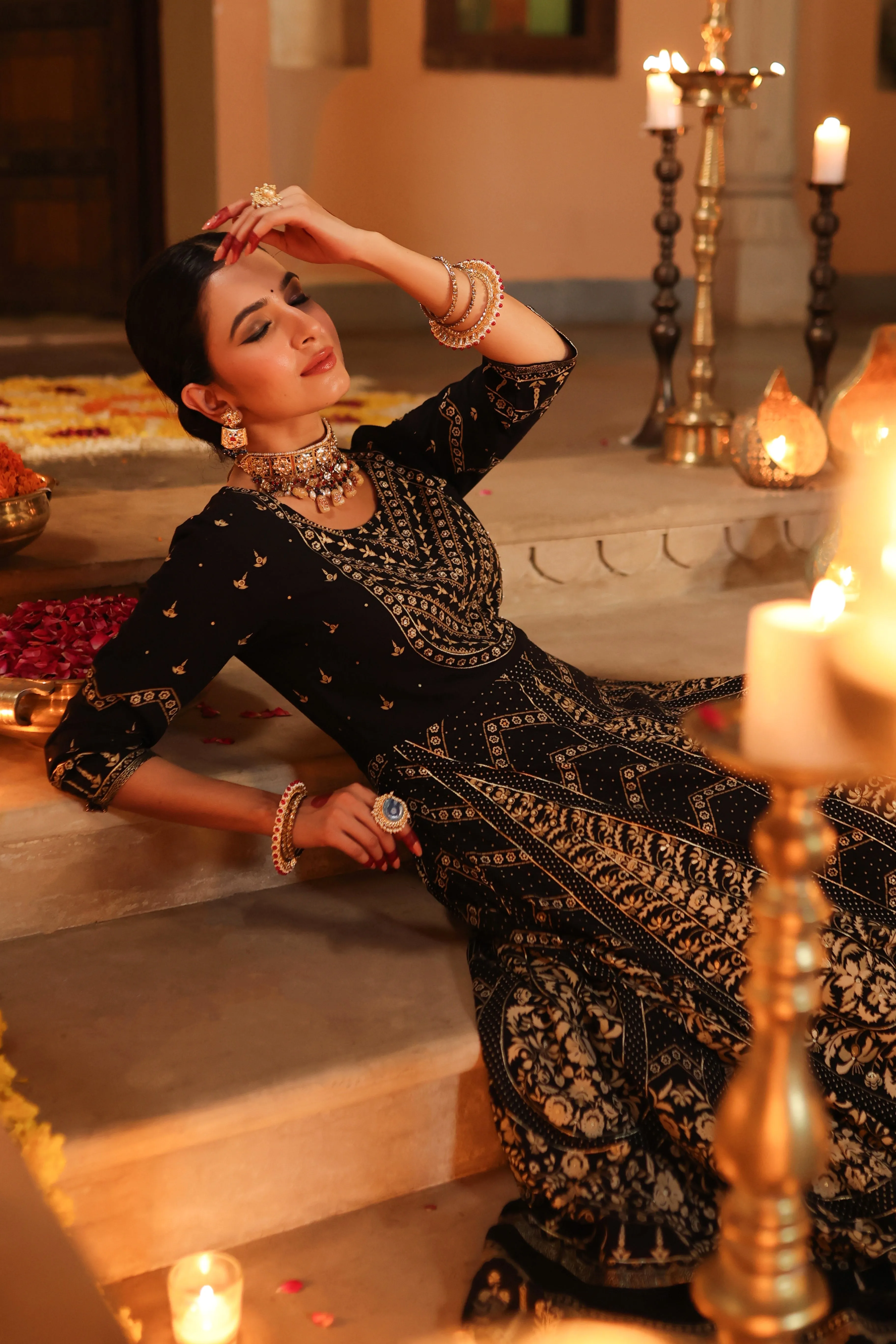 Women Black Rayon Printed Anarkali Dress