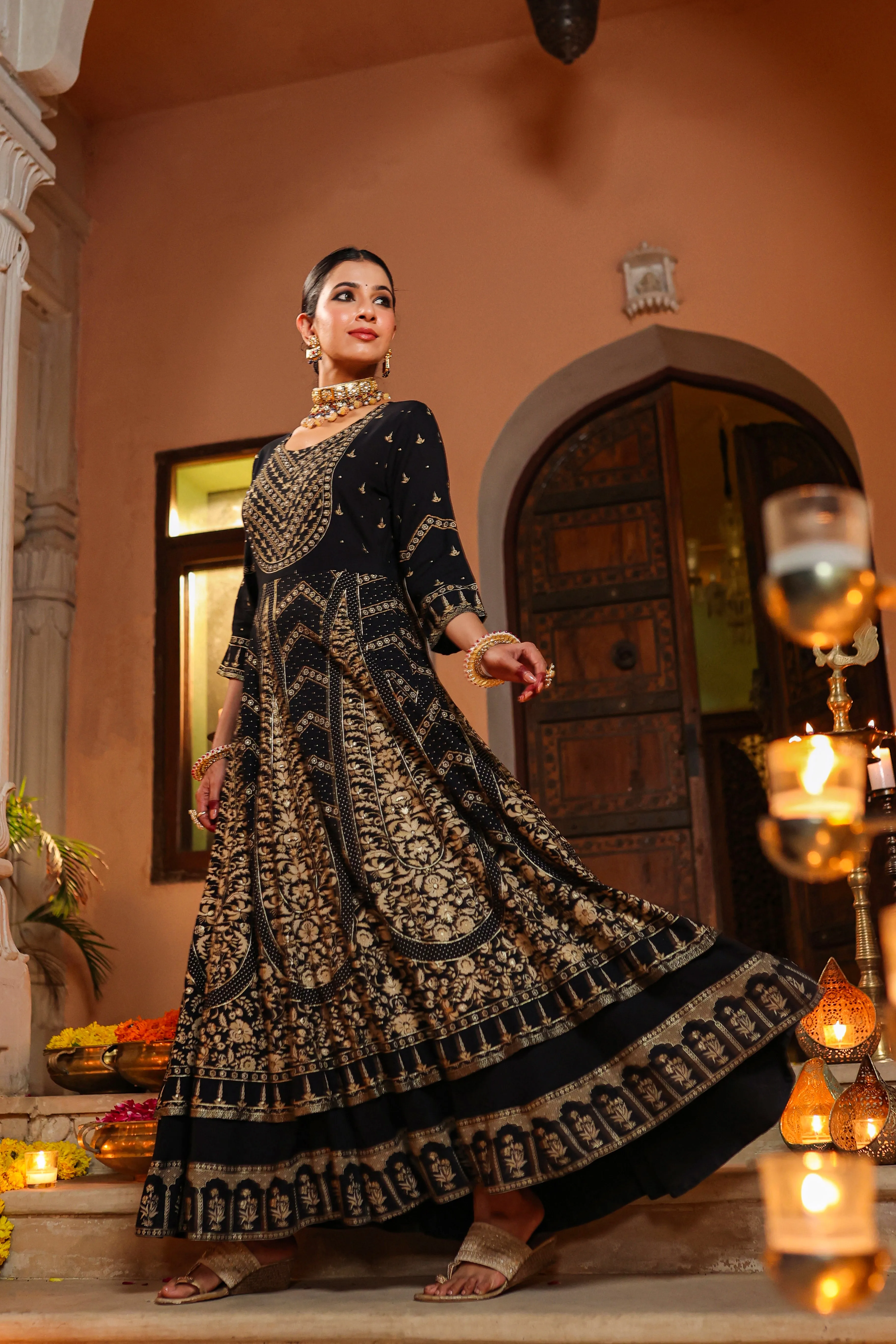 Women Black Rayon Printed Anarkali Dress