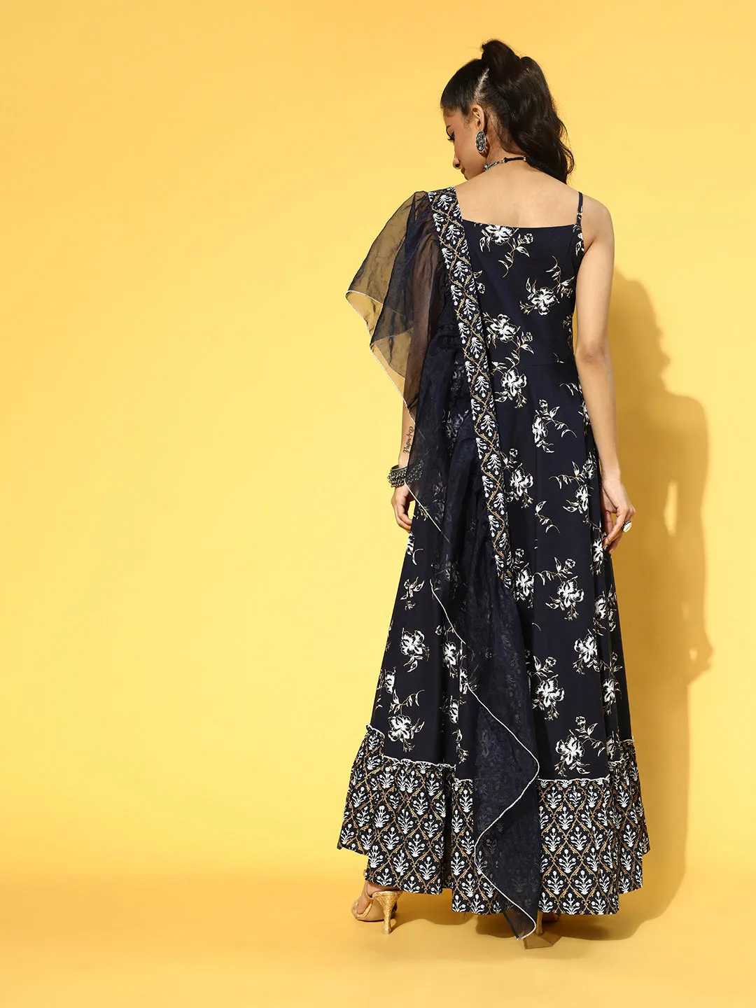 Women Navy Blue & White Ethnic Motifs Shoulder Straps Ruffles Dupatta Maxi Dress