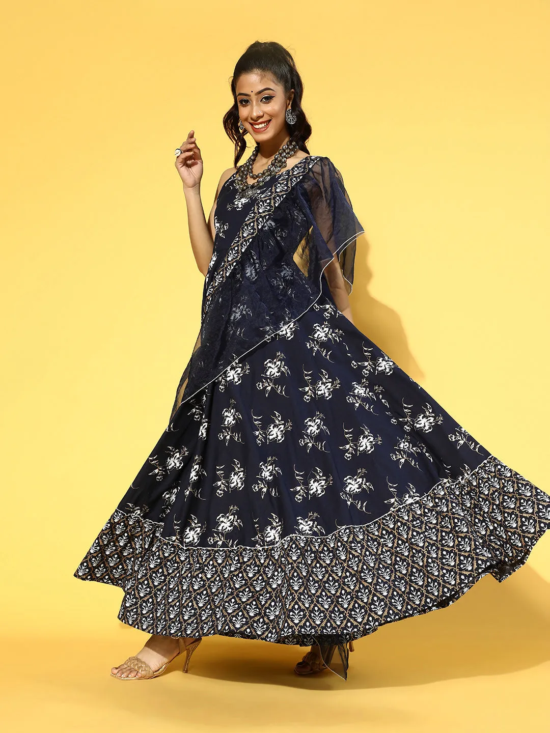 Women Navy Blue & White Ethnic Motifs Shoulder Straps Ruffles Dupatta Maxi Dress