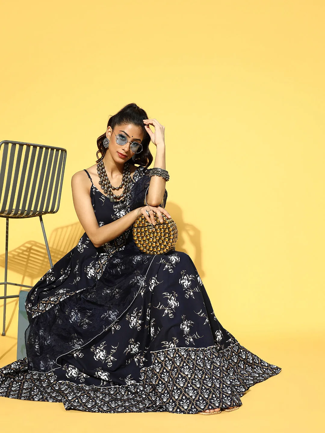 Women Navy Blue & White Ethnic Motifs Shoulder Straps Ruffles Dupatta Maxi Dress