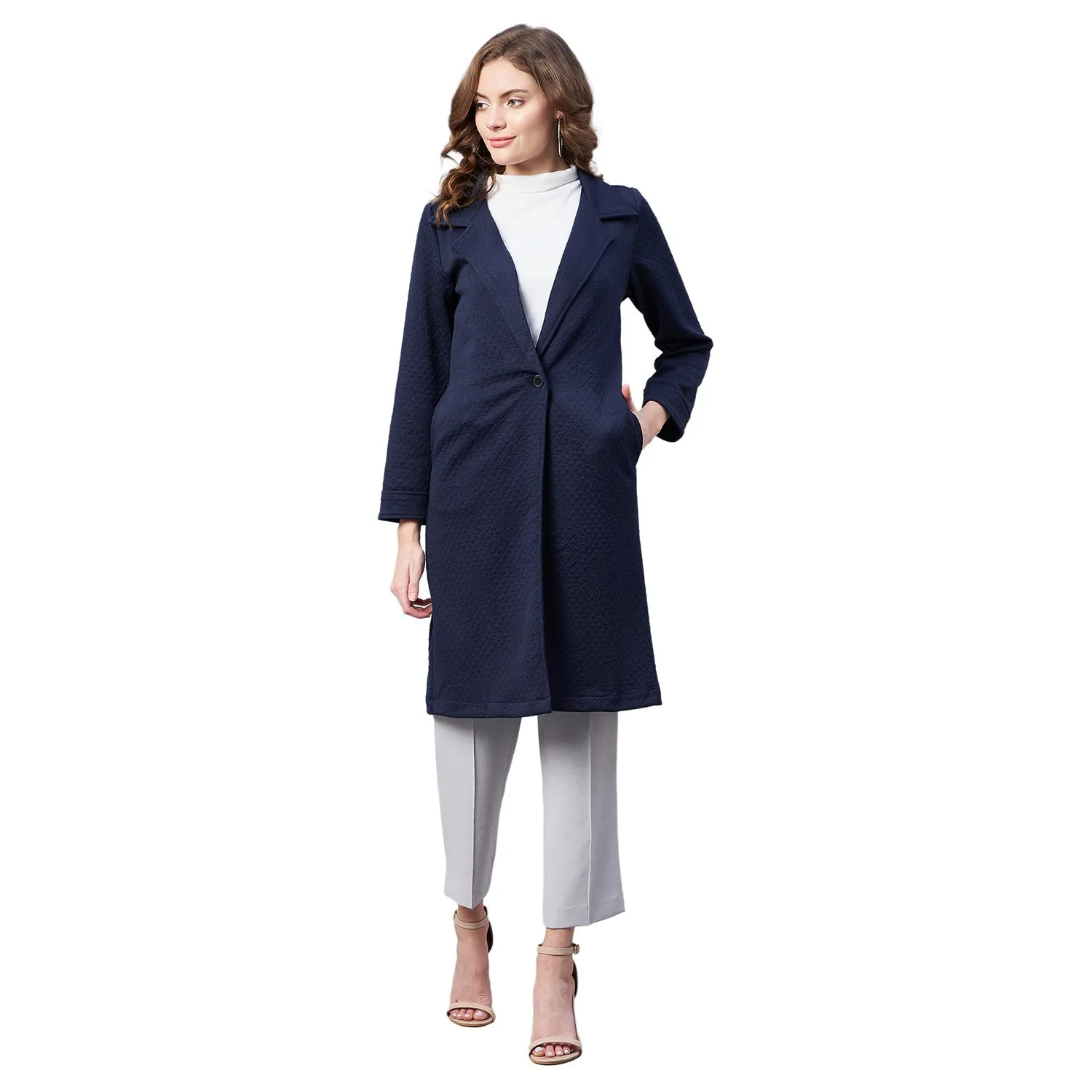 Women's Navy Polyester Jacquard Self Design Overcoat - StyleStone
