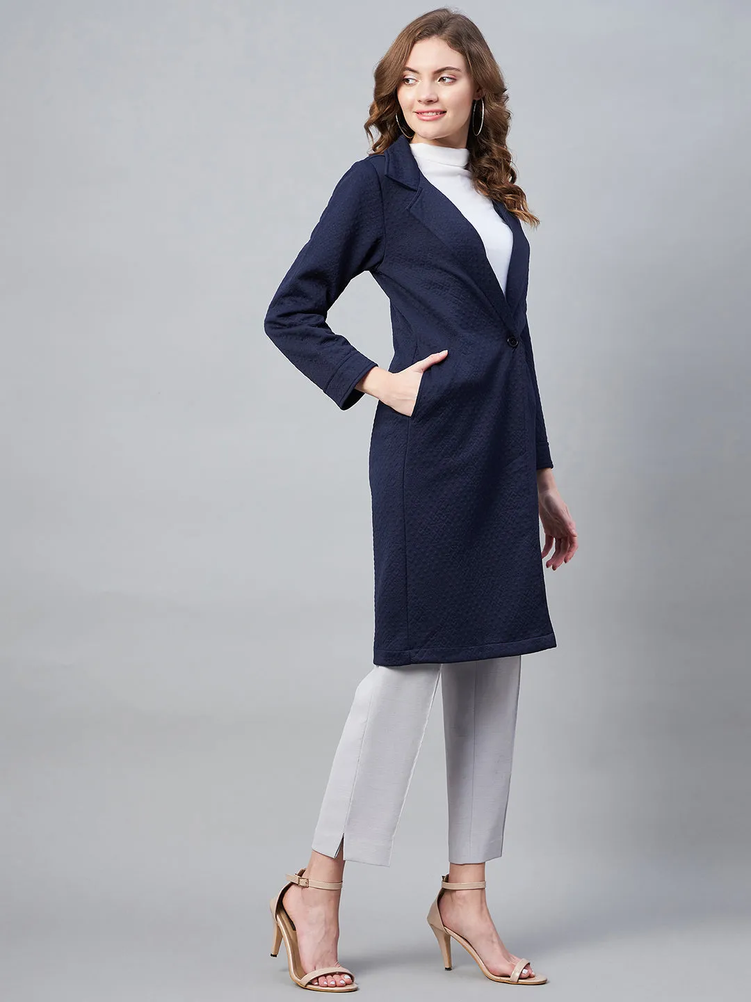 Women's Navy Polyester Jacquard Self Design Overcoat - StyleStone