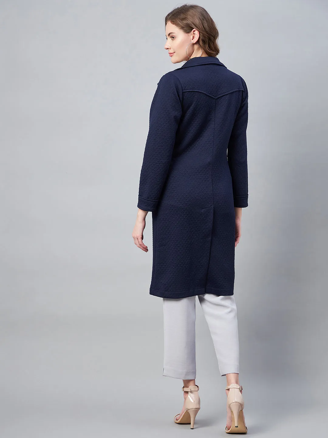 Women's Navy Polyester Jacquard Self Design Overcoat - StyleStone