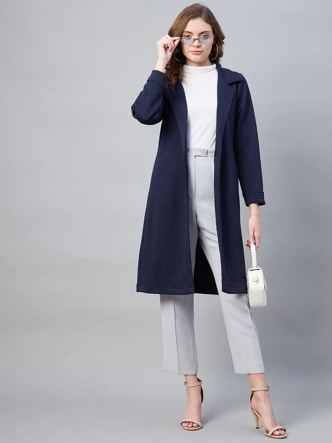 Women's Navy Polyester Jacquard Self Design Overcoat - StyleStone