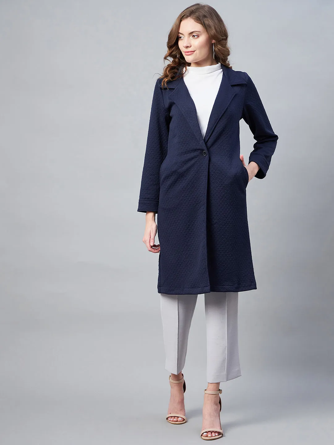 Women's Navy Polyester Jacquard Self Design Overcoat - StyleStone