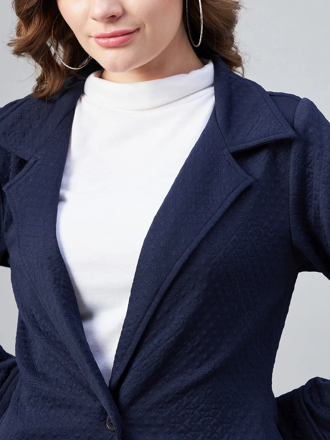Women's Navy Polyester Jacquard Self Design Overcoat - StyleStone
