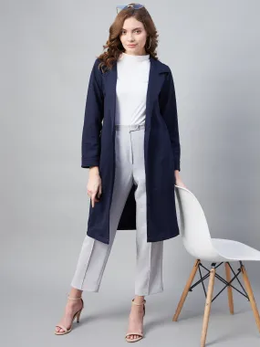 Women's Navy Polyester Jacquard Self Design Overcoat - StyleStone