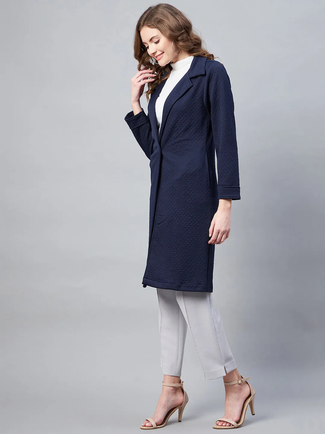 Women's Navy Polyester Jacquard Self Design Overcoat - StyleStone